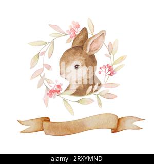 Lapin Clipart, aquarelle rustique de couronne, modèle de carte de bébé, modèle de carte d'automne, carte de nouveau-né Banque D'Images