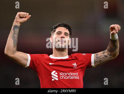 Liverpool, Angleterre, 27 septembre 2023. Dominik Szoboszlai, de Liverpool, célèbre avoir marqué le deuxième but de Liverpools pour atteindre 2-1 lors du match de la Carabao Cup à Anfield, Liverpool. Le crédit photo devrait se lire : Gary Oakley / Sportimage Banque D'Images