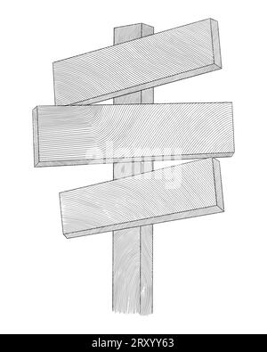 poteau avec panneau de signalisation en bois, poteau de signalisation ou poteau de guidage. Illustration vectorielle de style dessin de gravure vintage Illustration de Vecteur