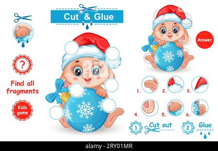 Couper et coller le personnage animal lapin de Noël, trouver la pièce de puzzle manquante. Jeu d'enfants d'éducation. Lapin mignon du nouvel an avec vecteur de jouet arbre à boule de Noël Illustration de Vecteur