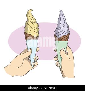 gros plan deux mains tenant le vecteur d'illustration de crème glacée au chocolat dessiné à la main isolé sur fond blanc Illustration de Vecteur