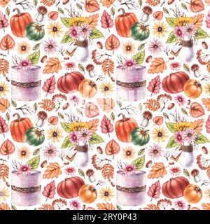 Motif d'automne aquarelle avec des fleurs, des citrouilles, des desserts sur un fond blanc. Modèle sans couture d'automne pour la conception de textiles, tissus, papier peint, Banque D'Images