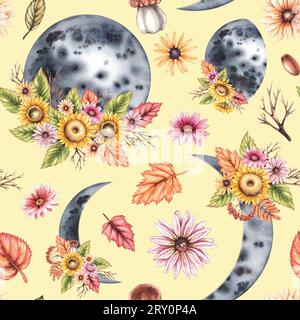 Motif aquarelle avec lune sur fond jaune. Lune dessinée à la main avec des fleurs. Modèle d'automne sans couture pour tissu, textile, vêtements, intérieur des Banque D'Images