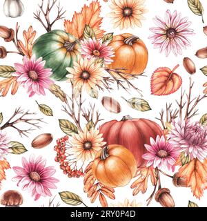 Motif aquarelle avec des citrouilles sur un fond blanc. Fleurs et citrouilles dessinées à la main avec des fleurs. Modèle d'automne. Modèle d'automne sans couture pour fabr Banque D'Images