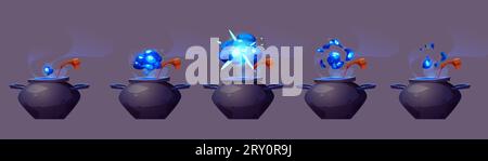 Explosion de chaudron de sorcière ou de sorcière et séquence de fumée. Feuille de sprite d'animation de souffle de potion magique et effet de souffle de nuage de vapeur. Illustration vectorielle de jeu de dessin animé de pot avec l'élixir de fantaisie BREW. Illustration de Vecteur