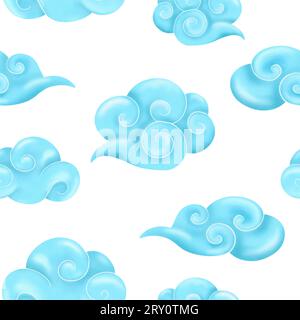 Motif sans couture avec nuages bleus fantaisistes dans un style chinois charmant. illustration à l'aquarelle. divers nuages caricaturaux dérivant à travers le Banque D'Images