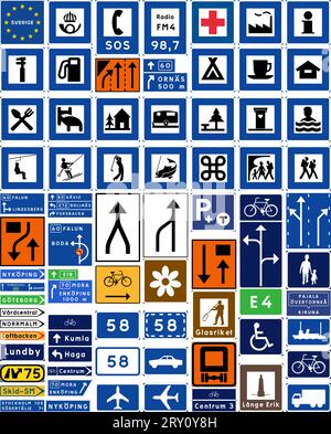 Tous les panneaux donnant des informations sur une toile, panneaux de réglementation spéciale, panneaux routiers en Suède Illustration de Vecteur