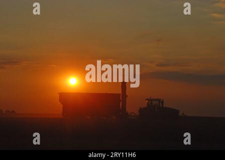 21.08.2010 Getreideernte/ Am Abend Deutschland/ Sachsen Anhalt/ Altmark/ BEI Rohrberg/ Am Abend/ Sonnenuntergang/ Getreideernte/ Traktor mit Hänger fährt vor der untergehenden sonne/ Gegenlicht/ Silhouette/ Dreck/ Staub/ Strohballen liegen im hintergrund auf dem Feld *** 21 08 2010 récolte des céréales in le soir Allemagne Saxe Anhalt Altmark près de Rohrberg dans le soir coucher du soleil tracteur de récolte de grain avec des entraînements de remorque à l'avant du soleil couchant rétro-lumière silhouette saleté poussière balles de paille se trouvent à l'arrière-plan sur le champ Banque D'Images