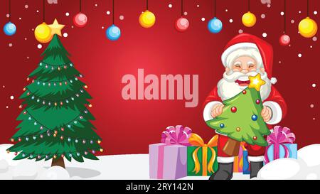 Un père Noël joyeux offrant cadeaux et décorations sur une bordure de Noël rouge festive Illustration de Vecteur
