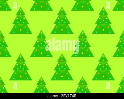 Modèle sans couture avec des arbres de Noël décorés sur un fond vert. Sapin de Noël décoré de boules de Noël. Design festif pour carte de voeux Illustration de Vecteur