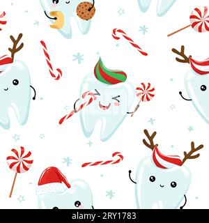Motif de Noël sorcière mignon molaires dents - drôle doodle dessiné à la main, motif sans couture. Design graphique textile d'affiche ou de t-shirt de designer. Papier peint, wr Illustration de Vecteur