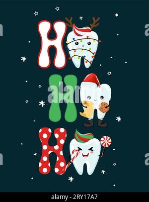 Joyeux Noël - les personnages de l'équipe de Tooth dans le style kawaii. Dents dessinées à la main avec des vêtements amusants. Bon pour l'affiche de prévention scolaire, carte de vœux, bannière Illustration de Vecteur