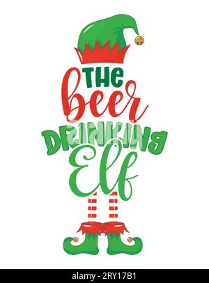 L'elfe buvant de la bière - phrase pour les vêtements de Noël ou les pulls laids. Lettrage dessiné à la main pour cartes de voeux de Noël, invitations. Bon pour t-shirt, m Illustration de Vecteur