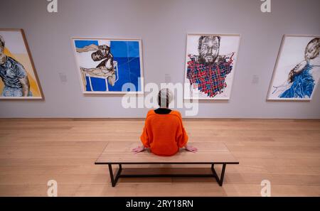 La Courtauld Gallery, Londres, Royaume-Uni. 28 septembre 2023. Une exposition majeure d'œuvres de l'artiste britannique Claudette Johnson MBE (née en 1959) à la Galerie Courtauld du 29 septembre au 2023-14 janvier 2024. Membre fondatrice du Black British Arts Movement, elle est considérée comme l’une des artistes figuratifs les plus importantes de sa génération, créant depuis plus de 30 ans des dessins à grande échelle de femmes et d’hommes noirs à la fois intimes et puissants. Crédit : Malcolm Park/Alamy Live News Banque D'Images