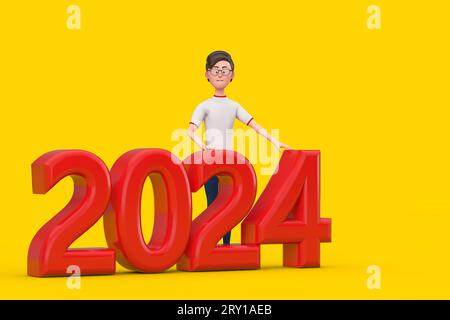 Personnage de dessin animé Person Man avec Red 2024 New Year Sign sur un fond jaune. Rendu 3D. Banque D'Images