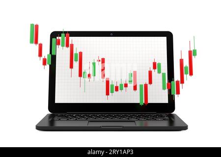 Vert et rouge Trading Financial chandeliers diagramme de modèle en face de l'ordinateur portable moderne ordinateur portable sur un fond blanc. Rendu 3D. Banque D'Images