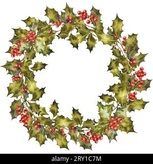 Couronne de Noël de houx et branches de GUI avec baies. Peinture aquarelle originale. Illustration florale pour la conception, l'impression, l'arrière-plan. Banque D'Images