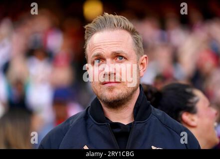 Photo du dossier datée du 01-05-2023 du Manager d'Arsenal Jonas Eidevall. Deux équipes qui n'auront certainement pas de football de Ligue des Champions pour faire face à ce mandat sont l'Arsenal de Jonas Eidevall, qui s'est écrasé au premier tour de qualification plus tôt ce mois-ci après avoir terminé troisième dans la WSL 2022-23, et Gareth Taylor's Manchester City, quatrième la saison dernière. Date de parution : jeudi 28 septembre 2023. Banque D'Images