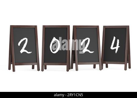 Menu en bois Blackboard Outdoor Displays avec signe 2024 ans sur fond blanc. Rendu 3D. Banque D'Images