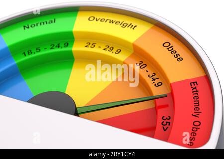 Indicateur de masse corporelle ou indicateur d'indice de masse corporelle cadran indicateur extrême gros plan. Rendu 3D. Banque D'Images