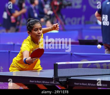 28 septembre 2023, Hangzhou, Zhejiang, Chine : tennis de table - Round de 32 singles féminins.#35 AKULA IND - PYON SGP India perdu par 0-3.ANKULA en action (image de crédit : © Seshadri Sukumar/ZUMA Press Wire) USAGE ÉDITORIAL SEULEMENT! Non destiné à UN USAGE commercial ! Crédit : ZUMA Press, Inc./Alamy Live News Banque D'Images