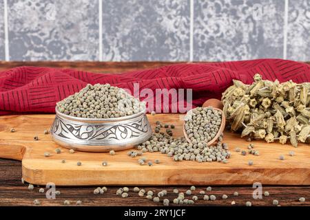 Graines de gombo, grande quantité de graines de gombo bio. Détail des graines de gombo séchées. Ambrette Seed Background (Abelmoschus moschatus). Banque D'Images