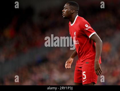 Liverpool, Angleterre, 27 septembre 2023. Ibrahima Konate de Liverpool lors du match de la Carabao Cup à Anfield, Liverpool. Le crédit photo devrait se lire : Gary Oakley / Sportimage Banque D'Images