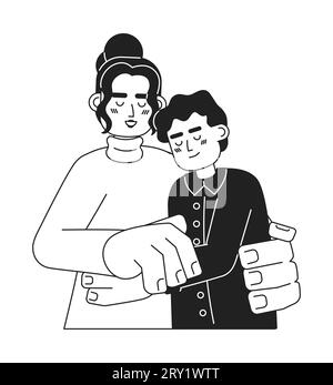 Latino mom adolescent fils embrasse les personnages de dessins animés en 2D noir et blanc Illustration de Vecteur