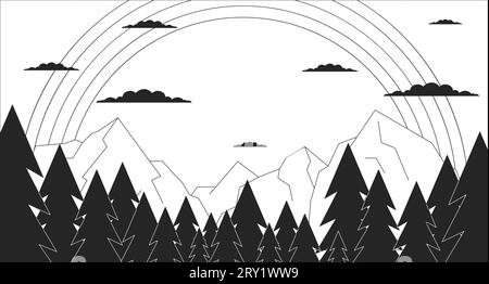 Arc-en-ciel paisible dans les montagnes dessin animé noir et blanc illustration plate Illustration de Vecteur