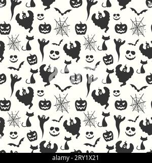 Fond noir et blanc sans couture de motif halloween avec fantômes chats chauves-souris citrouilles et toiles d'araignée Illustration de Vecteur