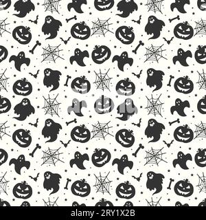 Fond noir et blanc sans couture de motif halloween avec fantômes crânes chauves-souris citrouilles et toiles d'araignée Illustration de Vecteur
