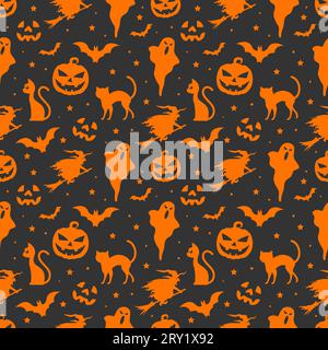 Motif sans couture Halloween avec des éléments d'halloween orange sur fond sombre Illustration de Vecteur