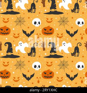 Chapeau de sorcière Halloween et fond de motif de citrouilles Illustration de Vecteur