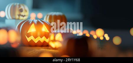 Automne Halloween Décorations et lanternes citrouille sur un plancher en bois. 3D illustration Banque D'Images