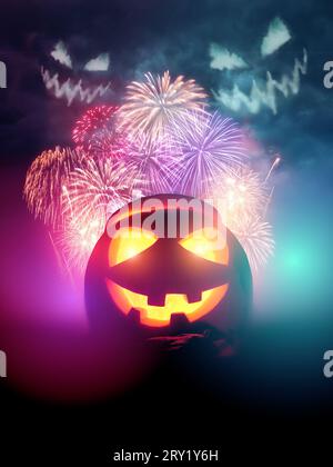 bonne conception de fond d'affiche d'halloween! Avec des visages effrayants de feu d'artifice et une citrouille luisante de lanterne Jack O. Banque D'Images