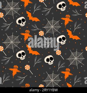 Motif sans couture halloween sombre avec épouvantail et filet d'araignée Illustration de Vecteur