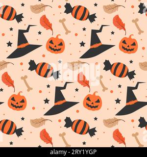 Motif Halloween avec chapeau de sorcière et bonbons halloween. Motif sans couture Halloween Illustration de Vecteur