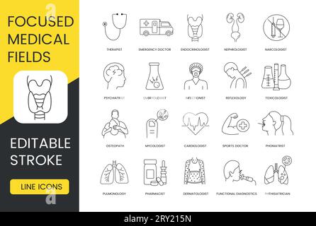 Domaines médicaux ciblés, icônes de professions médicales définies, AVC modifiable, pneumologie et dermatologue, cardiologue et infectiologue, endocrinologue Illustration de Vecteur