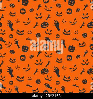 Motif Halloween avec des citrouilles mignonnes oranges de chauves-souris volantes et des visages effrayants isolés sur fond noir Illustration de Vecteur