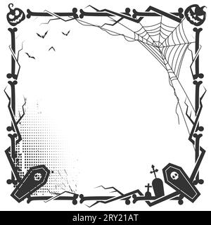 Bordure de cadre d'Halloween avec des éléments d'halloween comme le chapeau de sorcière de crâne et le filet d'araignée Illustration de Vecteur