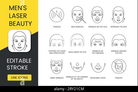 Hommes laser Beauty, icône de cosmétologie définie dans le vecteur, trait modifiable, enlèvement de taupe, resserre les paupières inférieures et supérieures, plis nasolabiaux, mimique Illustration de Vecteur