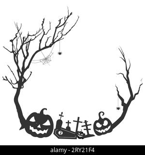 Bordure de cadre d'Halloween avec des éléments d'halloween comme le chapeau de sorcière de crâne et le filet d'araignée Illustration de Vecteur