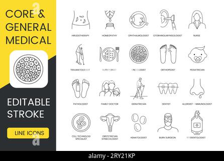 Ensemble d'icônes de professions médicales, médecine générale et de base, AVC éditable, homéopathie et ophtalmologiste, oto-rhino-laryngologiste et infirmière Illustration de Vecteur