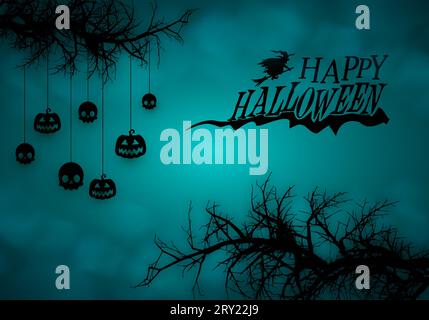 Joyeux fond d'halloween avec branche d'arbre mort effrayant accrochant la citrouille et le texte d'halloween Illustration de Vecteur
