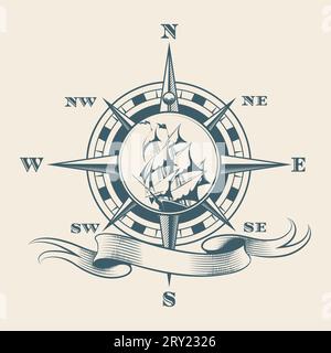 Boussole de navigation vintage avec vente navire à l'intérieur Wind Rose Voyage Ocean Expedition Symbol Tattoo illustration vectorielle isolée Illustration de Vecteur