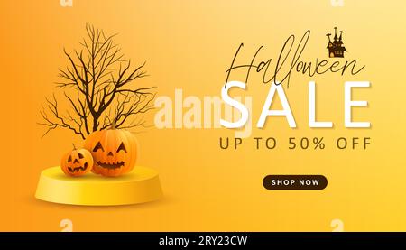 Joyeux fond de vente d'halloween avec un podium d'affichage de produit et citrouille d'halloween Illustration de Vecteur