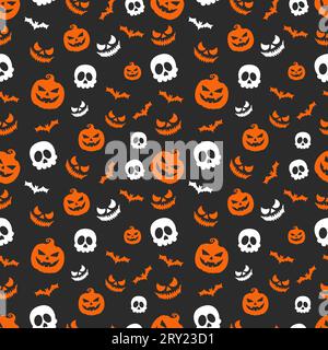 Motif Halloween avec de mignonnes citrouilles volantes chauves-souris compétences et visages effrayants isolés sur fond noir Illustration de Vecteur