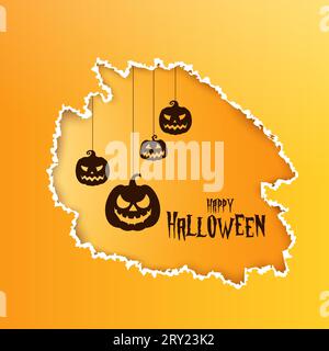 Fond d'effet papier déchiré carte halloween heureuse avec des citrouilles suspendues avec texte de souhait halloween Illustration de Vecteur