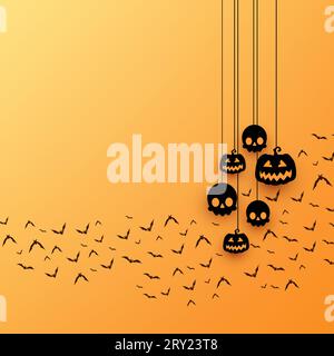 Joyeux fond d'halloween avec des citrouilles suspendues et des chauves-souris volantes sur fond jaune Illustration de Vecteur