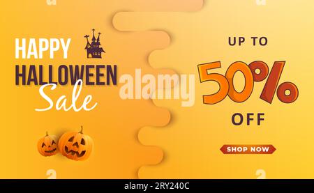 Modèle de concept de bannière de vente horizontale Halloween avec citrouilles réalistes et typographie de 50% Illustration de Vecteur